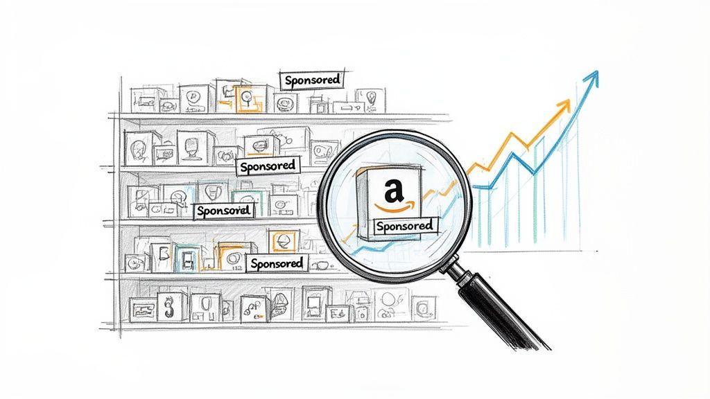 A magnifying glass highlights an Amazon sponsored product on shelves, showing advertising growth.