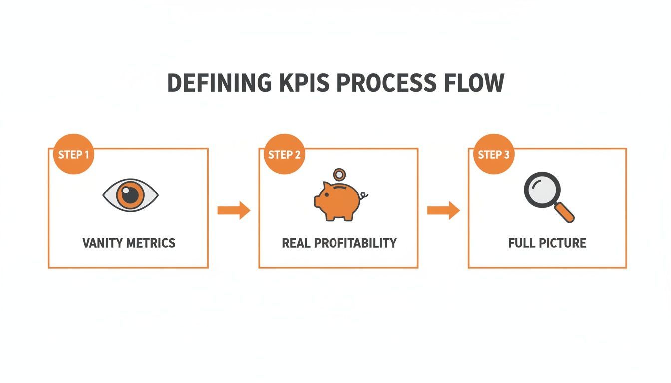 Process flow diagram illustrating three steps for defining KPIs: Vanity Metrics, Real Profitability, and Full Picture.